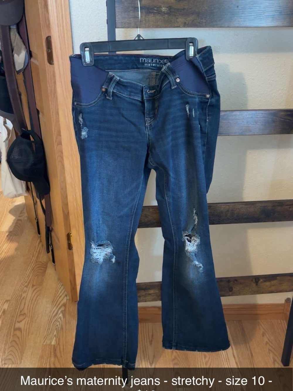 Maurices Dark Blue Distressed Maternity Flare Jeans